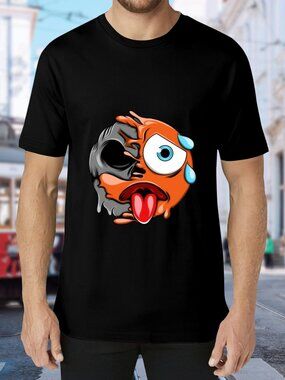 Black Short Sleeve Tee with Orange Melted Emoji Graphic